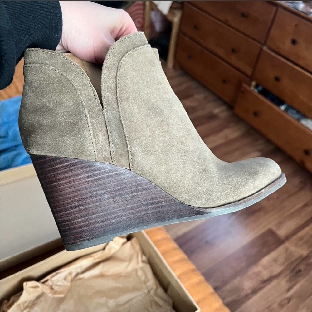 Lucky Brand Suede Wedge Ankle Boot in Olive